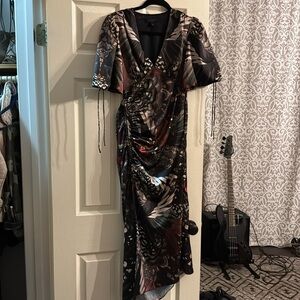 All Saints side zip low v puff sleeve adjustable slit dress